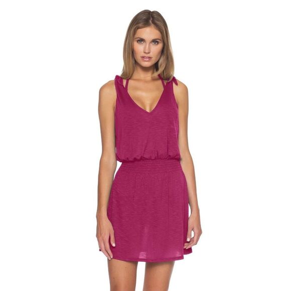 BECCA Womens Smocked Shoulder Ties Cover-Up large magenta.             C - Picture 1 of 5